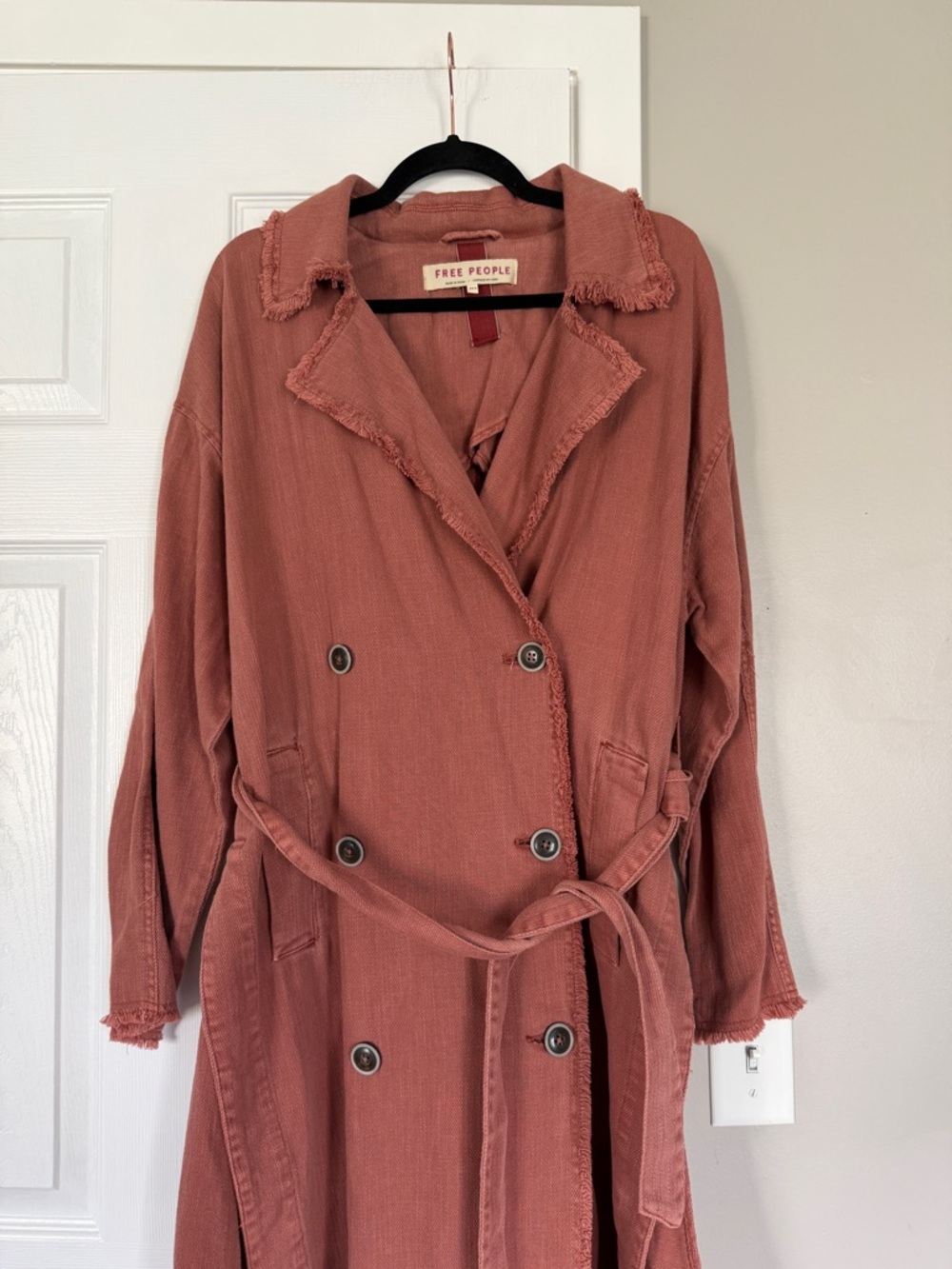 Free People Dusty Rose Long Coat Jacket Belted Double Breasted Trench Coat - Picture 2 of 11